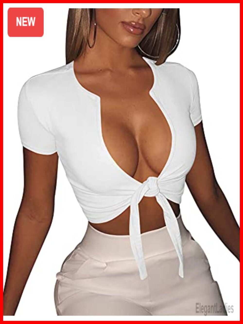 Deep V Neck Tie Front Short Sleeve Crop Top Stretchy Workout Tee